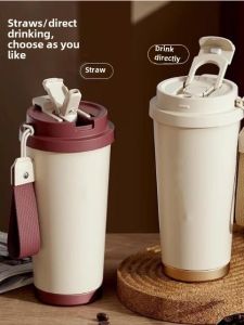 2025 New Large Capacity Stainless Steel Insulated Water Bottle Straw Womens Dual-drinking Portable Thermal Cup Modern Minimalist Style