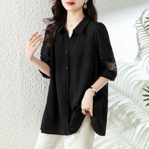 plus Size Womens Shirt Turn-down Collar Lace Splice Midi Sleeve Chiffon Top Loose Fit Summer Fashion Korean Style Cover Belly