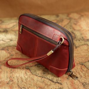 Vintage Genuine Leather Zipper Wristlet Clutch Bag Mini Purse for Phone Wallet Keys Women Men Evening Daily Use