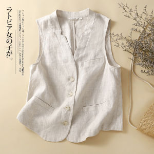 Cotton Linen Vest Outerwear Women Summer New Loose Slimming Casual Sleeveless Linen V-neck Thin Top Breathable Comfortable