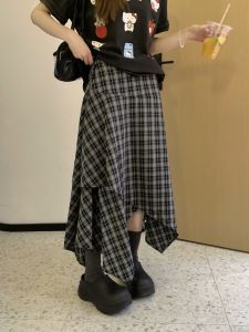 High Waist Plaid Mini Skirt Womens Slimming A-Line Midi Skirt Scottish Girl Design Sense Asymmetrical Korean Style Commute