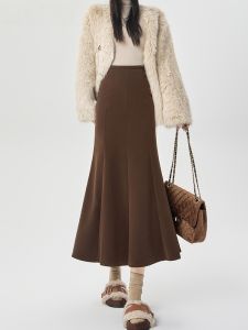 กระโปรงทรงเอเอวสูงสีน้ำตาล กระโปรงทรงหางปลา ผ้าขนสัตว์ กระโปรงทรงเอยาวปานกลาง กระโปรงทรงเอเอวสูง กระโปรงทรงเอเอวสูง