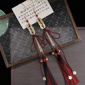 Original Style Mens Long Tassel Copper Coin New Year Ear Hangs Ethnicity Wind Earrings Traditional Chinese Element Fashion Jewelry