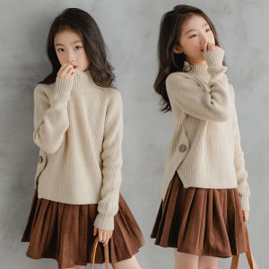 Girls Knitted Sweater Autumn Fashion Woolen Base Shirt Medium Large Children Spring Autumn Cardigan High Collar Long Sleeve Top