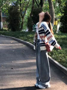 Retro Japanese Style Womens Knitted Sweater Polo Collar Rainbow Stripes Soft Cozy Open Cardigan Autumn Winter New Lazy Style