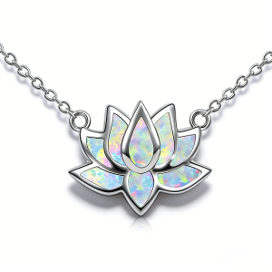 Dainty Lotus Flower Pendant NecklaceLove Heart Design with White Opal & Silver Color ChainValentines Birthday Gift for Women