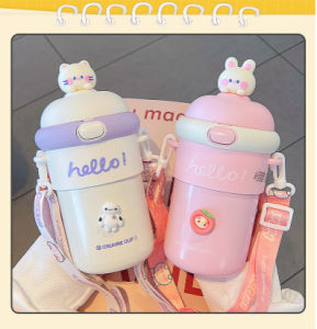 (HÀNG CAO CẤP - TẶNG STICKER SIÊU CUTE) Bình Giữ Nhiệt INOX 304 Hoạt Hình liền ống hút 510ML siêu dễ thương kèm dây đeo thời trang