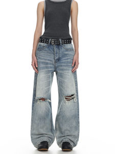 Woostop | Casual Street Style Cat Whisker Distressed Wide Leg Jeans