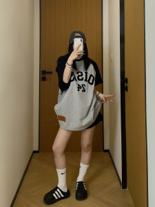 Oversize Cotton Short Sleeve Womens T-shirt Embroidered Patchwork Casual Style Vintage Heavyweight American Design Contrast Color