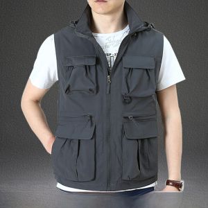 Summer New Mens Vest Fishing Workwear Photography Thin Sleeveless Quick Dry Logo Tank Top Standard Fit Nylon Fiber V-Neck Zipper