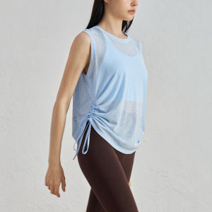 Slimming Effect Bamboo Rayon Yoga Vest Womens Loose Lightweight Breathable Sport Drawstring round Neck Sleeveless Top