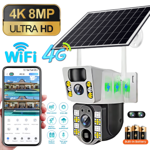4G / WiFi Solar Camera Dual Lenses Outdoor 8MP 4K Low Power Battery IP Camera PIR Night Vision V380 Pro CCTV Security Protection