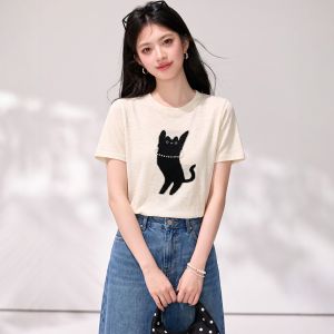 puella | Summer New Korean Style Beaded Cat Pattern Short Sleeve Knit Top
