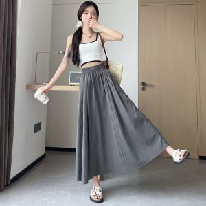 Summer Thin High Waist Ice Silk Pleated Long Skirt Womens A-Line Slimming Umbrella Skirt Simple Style Commute High Waist Pleated Skirt