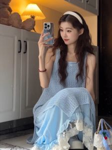 Korean Style Summer Dresses Set Sweet Anime Inspired Loose Fit Long Sleeveless Skirts with U-Neck Duo Meow Tu
