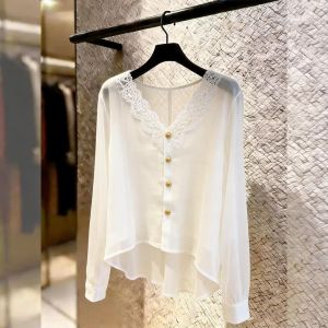 KUNAILIN | Casual Slim White Lace V-neck Shirt