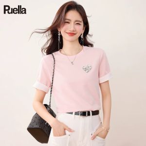 puella | Áo Thun Nữ Form Rộng Tay Ngắn Cổ Tròn Đính Đá Hình Tim