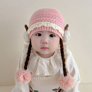 Baby Girl Hat Autumn and Winter Heattech Princess Wig Woven Hat Cute Super Cute Baby Pullover Knitting Woolen Cap