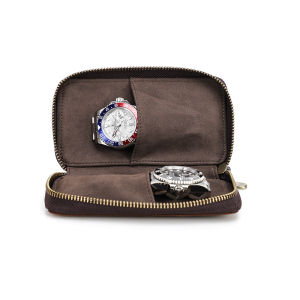 CONTACTS FAMILY Double Watch Case Bag Holder Vintage Genuine Leather Zipper Travel Watch Display Storage Box Case Pouch Organizer