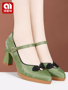 Aumanlin Retro Cheongsam Show Shoes Womens Mid-Cut Heel New Chinese Style Satin up Closure Casual High Heel Fashion Single Shoes
