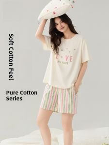 Miiow | Pure Cotton Short Sleeve Sleepwear Set For Women Summer Anti-Mite Cute Home Clothes Comfortable Breathable Round Neck Nightgown