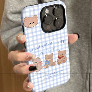 Blue Plaid Bear Silicone Phone Case for Apple 17Promax 12 13 14Max 15Plus Cute Cartoon Full Cover Anti-Fall Womens Fashion Brand