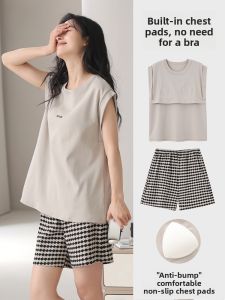 Miiow | Cat Lady Summer Sleepwear Set Pure Cotton Sleeveless Vest With Chest Pad Thin Shorts Casual Home Clothes Sporty Style For Young Women