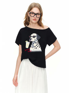 DUSHU | Dalmatian Print Off-Shoulder T-Shirt