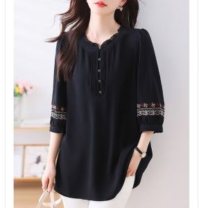 September Ink Road Retro Loose Slimming Chiffon Shirt Embroidered Short Sleeve Elegant Belly Covering Large Size Top