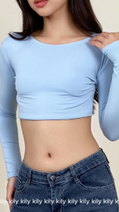 KILY.PH Double Lining Longsleeves Crew Neck Basic Solid Croptop Body Hugging Cotton Spandex XS-Medium for Women 6A0291