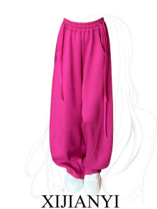 กางเกงวอร์มกีฬาลำลองสีชมพูแดง กางเกงขายาวทรงหลวมสำหรับผู้หญิงไซส์ใหญ่ เอวยางยืด ทรงหลวม สไตล์ฤดูใบไม้ผลิและฤดูใบไม้ร่วง