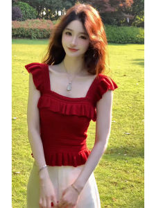 YUEZHONGWEI | Áo ba lỗ ren đỏ kiểu Pháp cho nữ mùa hè Áo ba lỗ ngắn ôm vừa vặn tay áo bay màu trơn chất liệu lụa băng dệt kim