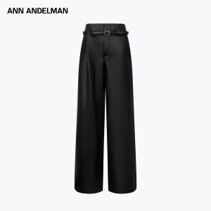ANN ANDELMAN | One-side Wrinkle Design PU Leather Trousers with Belt