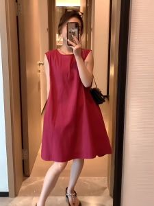 Love Devil Fish Red round Neck Backless Sleeveless Dress Womens Mid-Length Slimming Summer New Style Commute Simple Style
