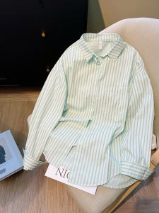 Summer Thin Cotton Striped Shirt Womens Loose Fit Sun Protection Open Cardigan Design Casual Style Long Sleeve Polo Collar