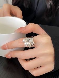 Pearl Beaded Pendant Wide Ring for Women Korean Style Minimalist Cold Trend Set Finger Ring Small Design Ins Popular Ring