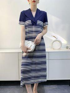 French Striped Dress: Women's Mid-Length Elegant Pleated Slimming & Fashionable Casual