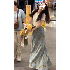 Váy Mini Denim Cạp Cao in Hoa Vàng Phong Cách Hàn Quốc Cổ Điển Mùa Xuân Hè Cho Nữ Váy Midi Cạp Cao Đa Năng