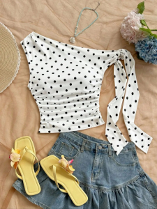 Womens Polka Dot Short Top Womens Y2K Polka Dot Printed Pleated Asymmetrical Shoulder Top