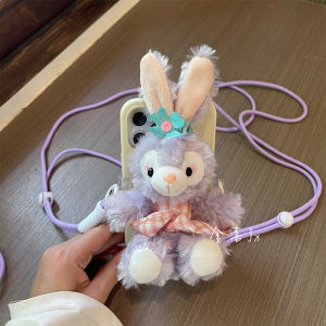 Cute Plush Rabbit Phone Clip Crossbody Keychain Coin Purse Lanyard Anti-Fall Trendy Mobile Phone Back Clip for Apple Phones