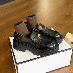 Leather Version Thick Bottom Loafers Womens Small Gold Coin British Style Commute Lazy One Step on Shoes Fashionable round Toe