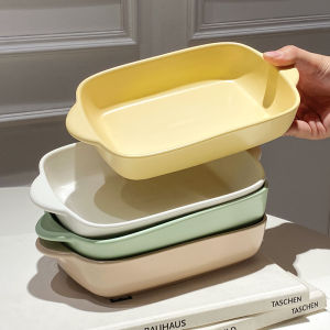Nordic Double Ear Ceramic Baking Tray with Tray Microwave Oven Baking Dish Rice Cooking Breakfast Plate Rectangular Shape 9 Inches