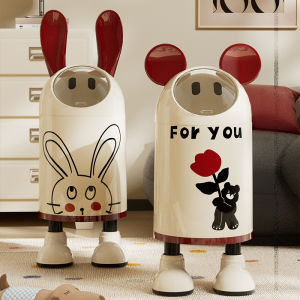 Cute Rabbit Ear Cartoon Trash Can for Bedroom And Living Room High Aesthetic Value Household Waste Bucket Sliding Cover round Shape 10L Capacity