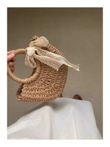 Rattan Woven Handbag Casual Style Bucket Shape Shoulder Bag for Women Vacation Beach Theme Large Capacity Basket Bag