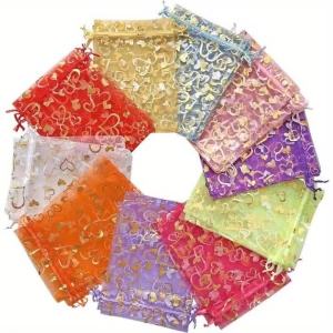 50PCS LightPurple Heart Organza Bags with Drawstring Jewelry Gift Bags for Wedding Birthday Party Favor Goodie Candy