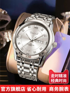 Taxau Mens Quartz Watch Business Style round Dial Steel Strap Calendar Night Light Pointer Display Waterproof Watch for Men