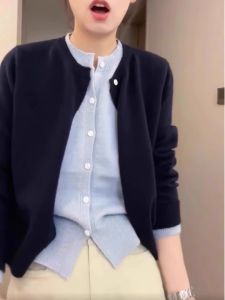 Áo Len Cardigan Dệt Kim Mềm Mại Màu Tương Phản Phong Cách Hàn Quốc Dáng Rộng Dài Tay Cổ Tròn Một Nút Mùa Thu