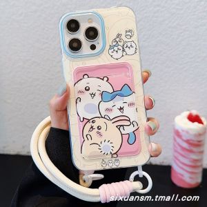 Cartoon Cute Chiikawa Creative Double Hole Wrist Strap Mobile Phone Case Compatible with  15 16Promax Insert Card Protective Cover 11 Lanyard Soft Shell 12