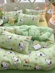 Refreshing Cartoon Green Snoopy Cotton Bedsheet Set🛏All Size for Any Room Ultra Soft Fabric