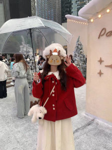 Christmas Theme Womens Sweater Cotton Enriched Red Color Sweet Style Long Sleeve Woolen Coat Commute Style Single Button